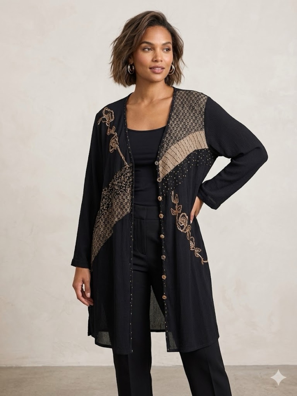 Koret VINTAGE Black Rayon Cardigan with Subtle Taupe Embroidery